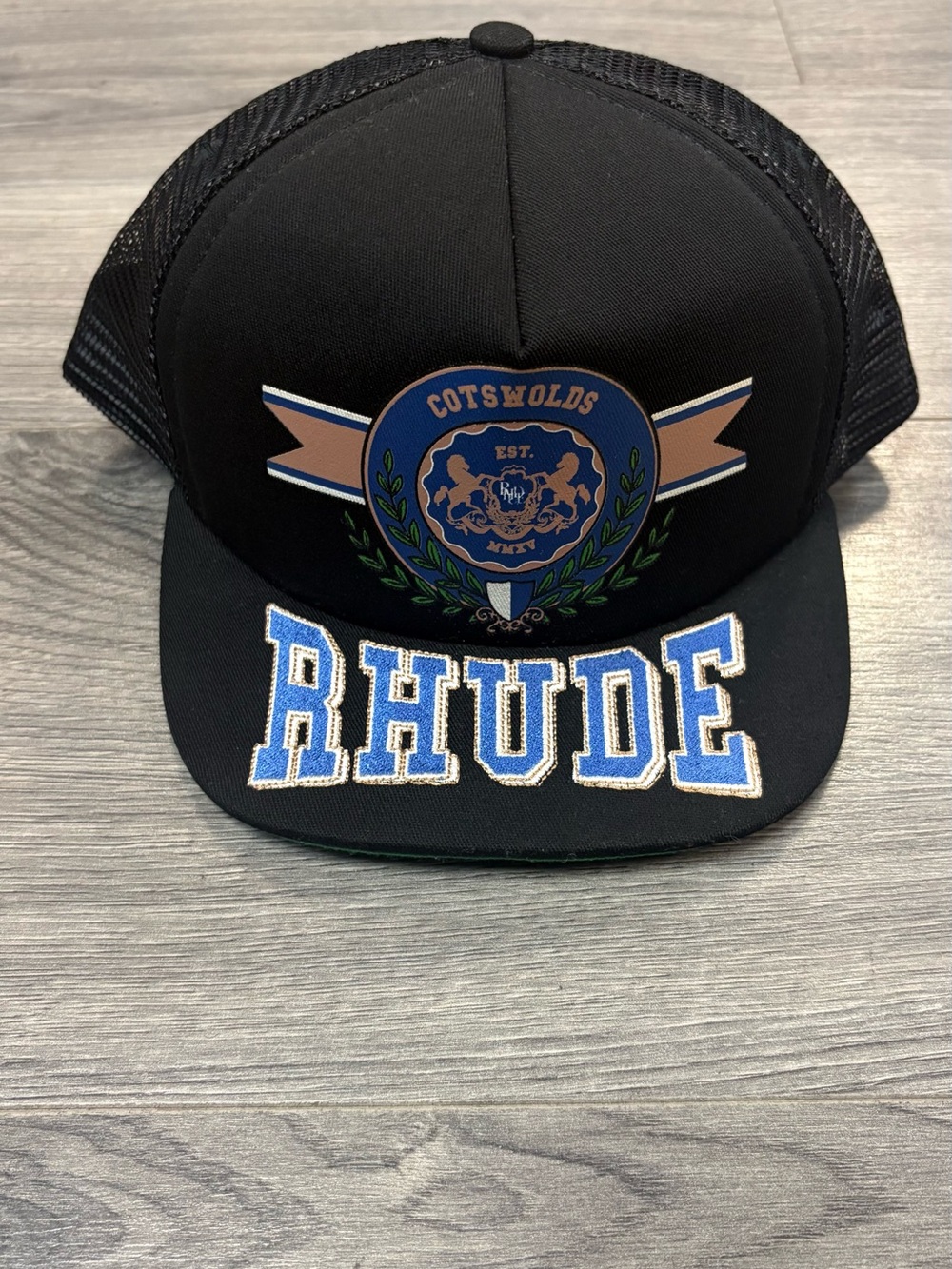 Rhude Black Trucker Hat with Blue & Tan Crest
